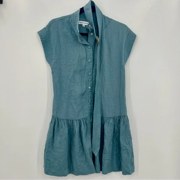 Karina Grimaldi Zelie Solid Mini Dress Element Blue Denim Button Drop Waist XS - Picture 9 of 13